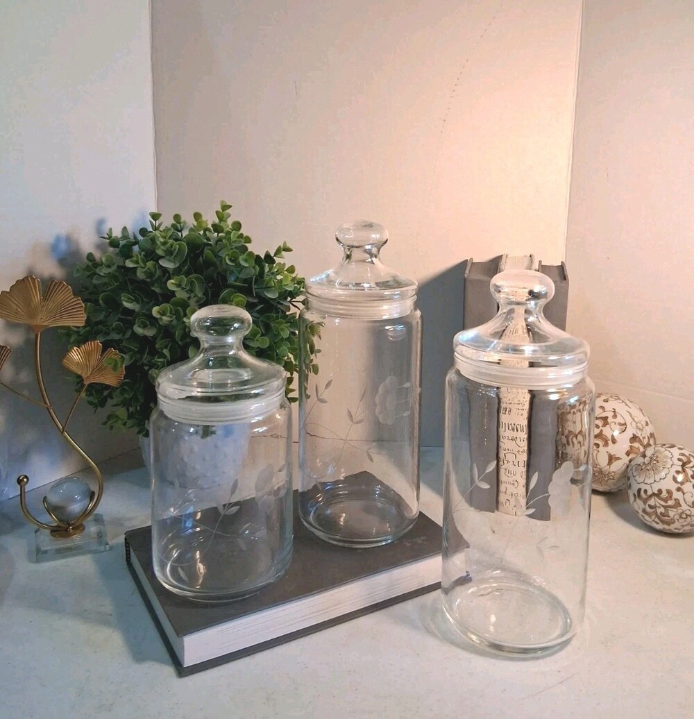 VTG Princess House 'Heritage' Etched Glass Canisters Set of 3 EUC